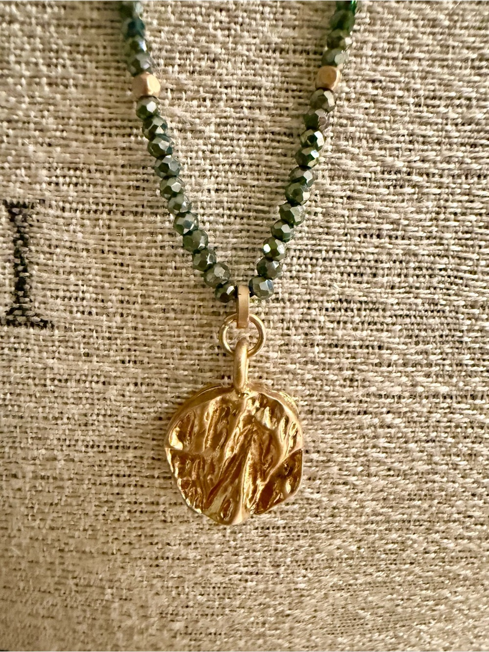 Gold Tone Disc Coin Pendant Necklace with Blue and Gold Beads